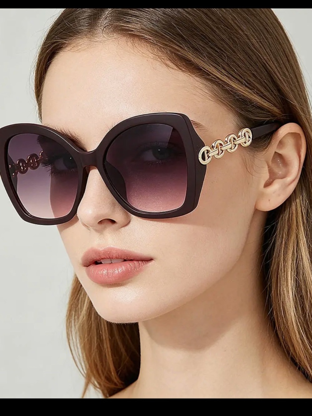ShopEvelynne Plum Oversized Sunglasses with Gold Chain Accent